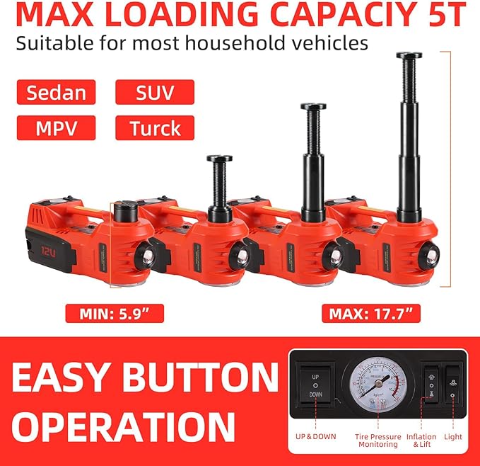 ROGTZ Electric Hydraulic Car Jack Kit with Impact Wrench and Tire Inflator Pump, 5 Ton 12V Car Jack Hydraulic Car for SUV Sedans Tire Change with LED Light(Red)