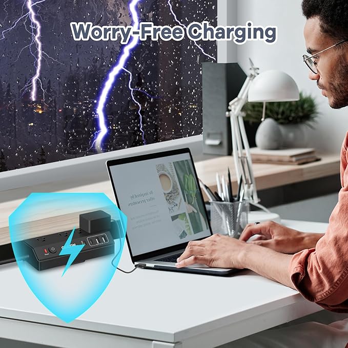 Desk Clamp Power Strip - 20W USB C Fast Charging Station - Desk Power Strip Flat Plug Extension Cord 10FT with 4 USB Ports + 4 Outlets - Desktop Mount Surge Protector - Fit 1.8" Tabletop Edge