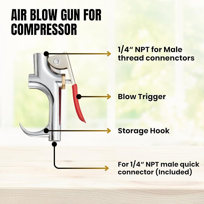 1/4'' Quick-connect Air Accessory Kit - Pneumatic Air Compressor Hose Tool Set Including 25ft. Coiled Hose, Blow Gun, Tire Gauge, Air Nozzle, Air Compressor Accessories for Air Inflation and Dedusting