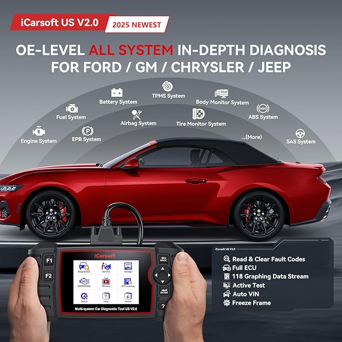 Full System Diagnostic Scan Tool for GM Ford Chrysler Jeep Scanner, iCarsoft US V2.0 in-Depth Diagnose OBD2 Code Reader, Full Reset, Battery Test for Buick/Chevrolet/Cadillac/GMC -2025