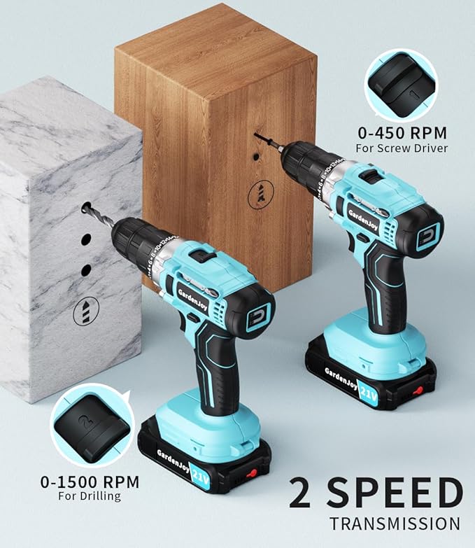 Cordless Power Drill: GardenJoy Cordless Drill 21V Electric Power Drill Set with Battery and Fast Charger, 65pcs Acessories,2 Variable Speed Control,3/8-Inch Keyless Chuck and 24+1 Torque for hardwood