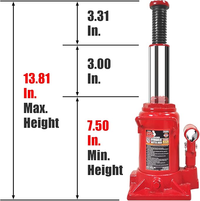 BIG RED T91207A Torin Hydraulic Stubby Low Profile Welded Bottle Jack, 12 Ton (24,000 lb) Capacity, Red