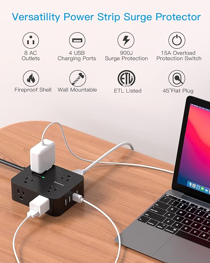 HANYCONY Power Strip Surge Protector, 5 Ft Exetnsion Cord with Multiple Outlets, Outlet Extender with 4 USB Ports, Flat Plug, Wall Mount for Home Office Dorm Room Essentials, ETI Listed, Black