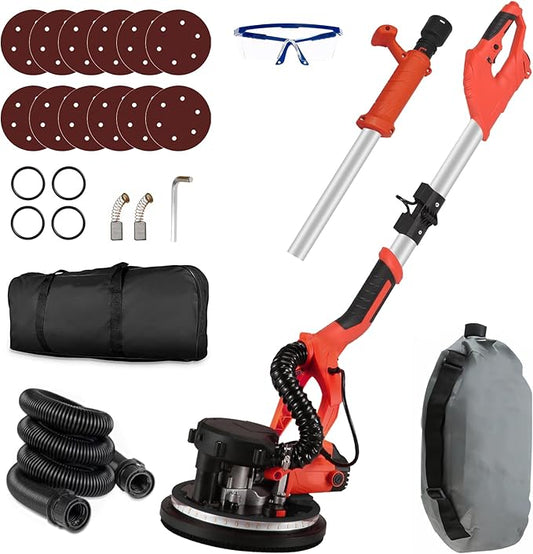 Drywall Sander with Vacuum, 950W High Power Foldable Popcorn Ceiling Removal Tool, 7-Speed Variable, 900-2600RPM, with LED Light and 12 Grinding Wheels, Retractable Handle, for Sanding Walls, Floors