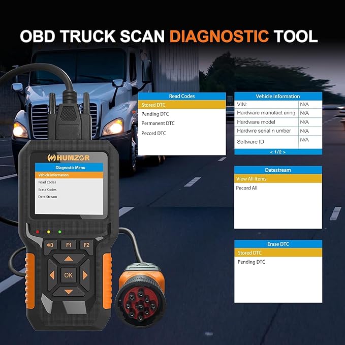 Heavy Duty Truck Scanner, NC601 Full System Diesel Diagnostic Scan Tool for Cummings, Detroit, Freighter, International, Paccar Check Truck Engine and Car 2 in 1 Code Reader/OBD2 Scanner