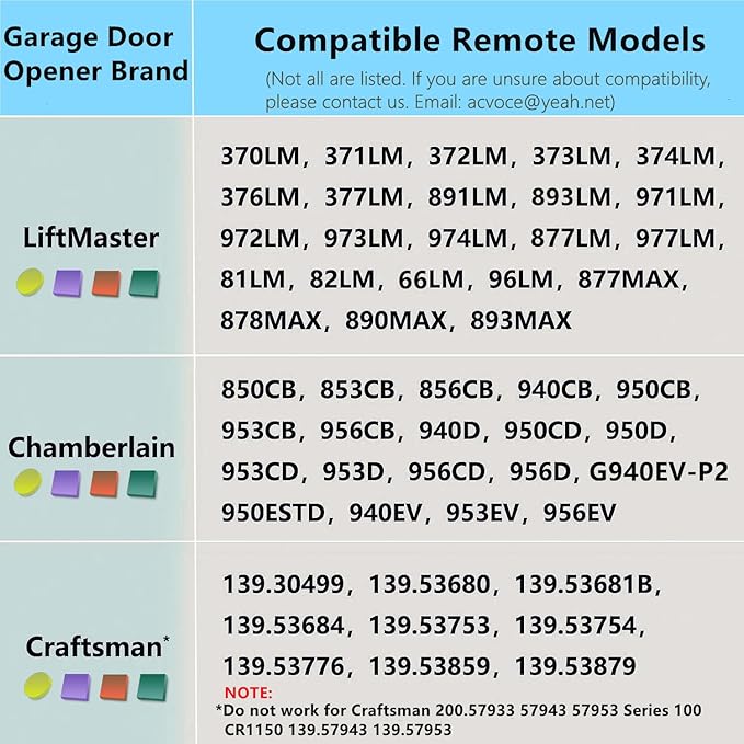 Garage Door Opener Remote, Compatible with Liftmaster Chamberlain Craftsman Opener with Purple Yellow Red Orange Green Learn Button, Universal for 893MAX 893LM 891LM 890MAX, Keychain Type