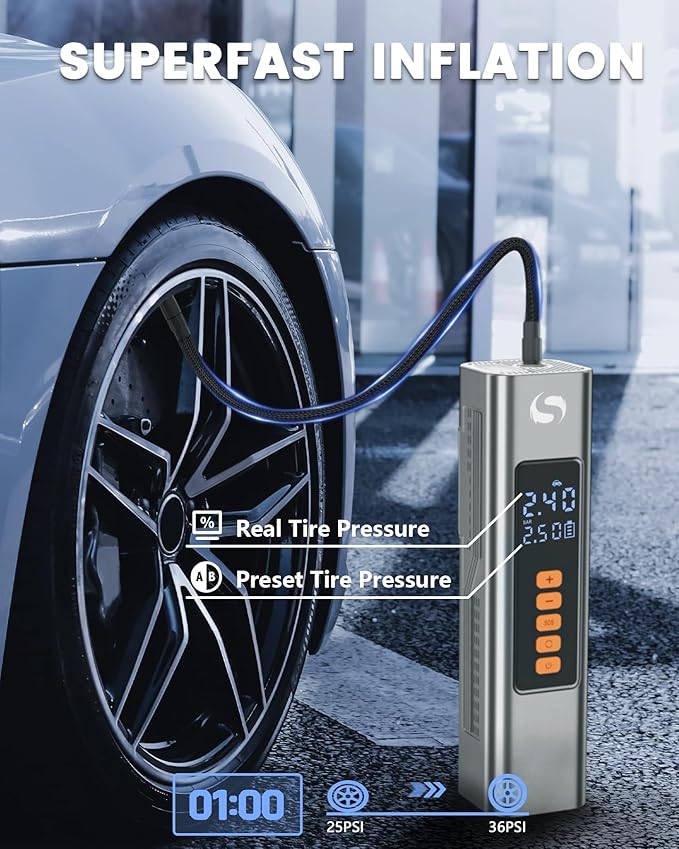 Tire Inflator Portable Air Compressor, Electric Ball Pump with Digital Pressure Gauge, LED Light, Ball Accessories Essential for Men, 150PSI Cordless Tire Inflator for Basketball, Soccer