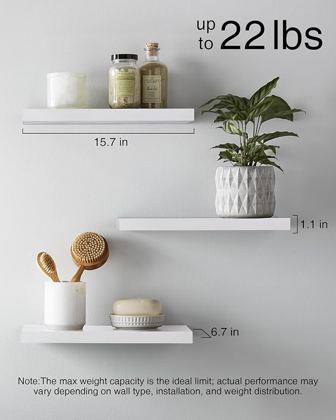 BAYKA Floating Shelves for Wall, Wall Mounted Rustic Wood Shelves for Bathroom, Bedroom, Living Room, Kitchen, Hanging Shelf for Books/Storage/Room Decor with 22lbs Capacity (White, Set of 3, 15.7in)
