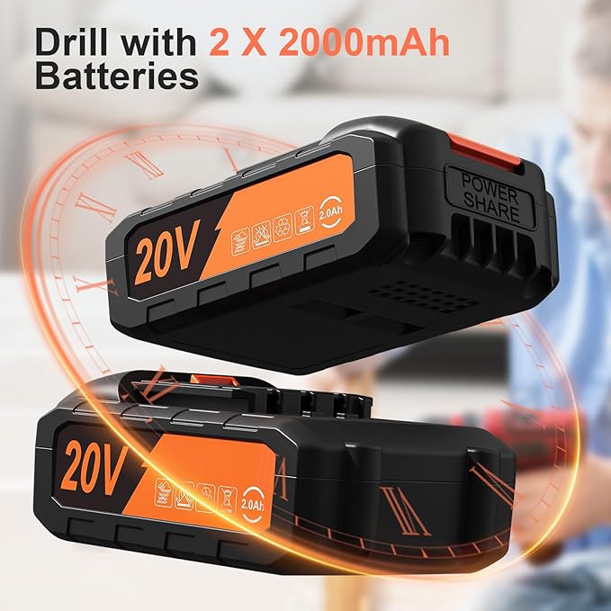 Cordless Drill, 20V Power Drill, Double 2000mAh Batteries Electric Drill, Cordless Drill with Battery and Charger, 3/8" Keyless Chuck Battery Drill with 25+1 Max 370 In-lb Torque, 42Pcs Drill Bits