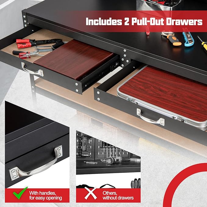 IRONMAX Workbench with Drawers, 48’’ Heavy Duty Workstation Organizer with 25 PCS Hanging Kits, 2 Storage Shelves & 2 Drawers, Work Bench Table for Garage, Home, Workshop, Auto Shop, Basement