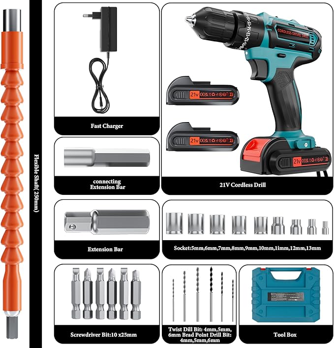21V Cordless Drill with 2-Battery and Charger, Electric drill Set, Power Drill Cordless with 3/8 Inch Keyless Chuck, 25+ 3 Clutch,Work Light, Max torque 45Nm, 2-Variable Speed