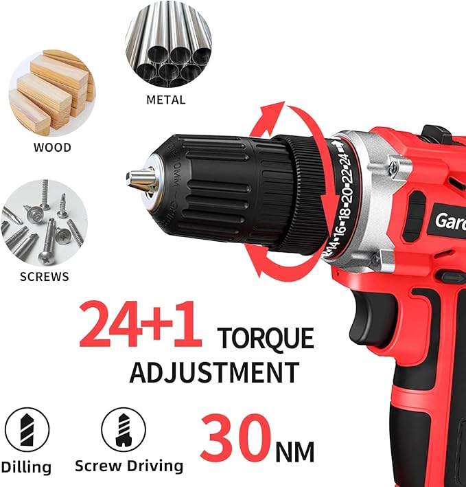 Cordless Power Drill Set: 21V Electric Drill Driver Kit with Battery and Fast Charger, 2 Variable Speed Control, 3/8-Inch Keyless Chuck and 24+1 Torque Setting with led light for metal surfaces,wood