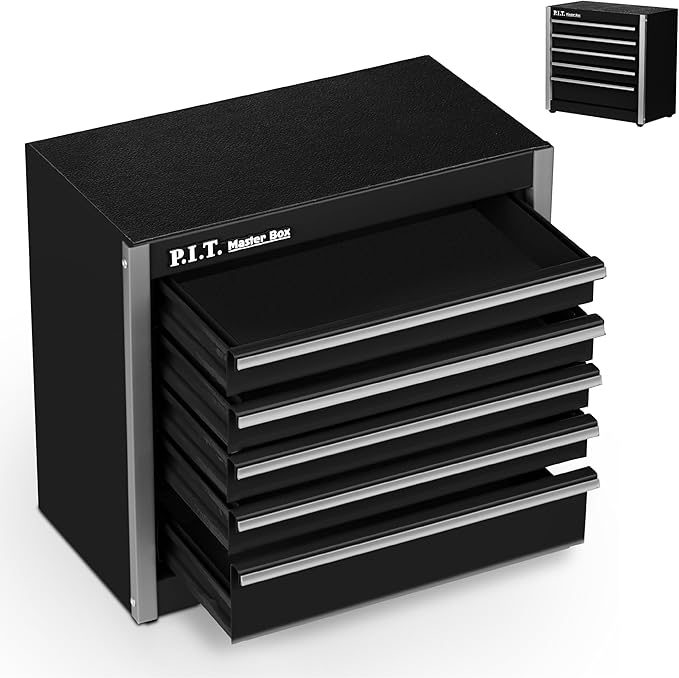 P.I.T. Mini Black Tool Box, Portable 5-Drawer Micro Roll Cab Steel Stackable Tool Box with Liner, Black Small Tool Case for Tools Storage and Organizers, Home DIY
