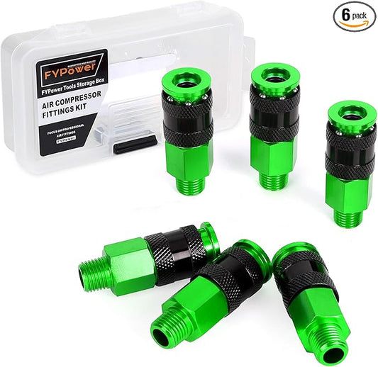 Air Hose Fittings, 6 Pieces AMT Universal Air Couplers with 1/4" NPT Male Threads, Green