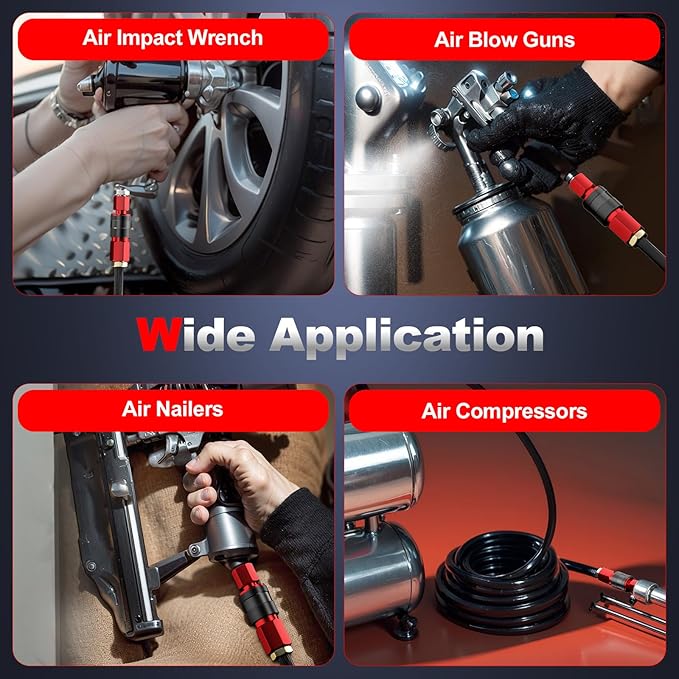 Universal Air Hose Fittings, 1/4 Inch NPT Quick Connect Air Coupler and Plug Kit, Aluminum Air Compressor Fitting Set, Industrial Pneumatic Air Tool Adapter Accessories - 14 Pieces Red
