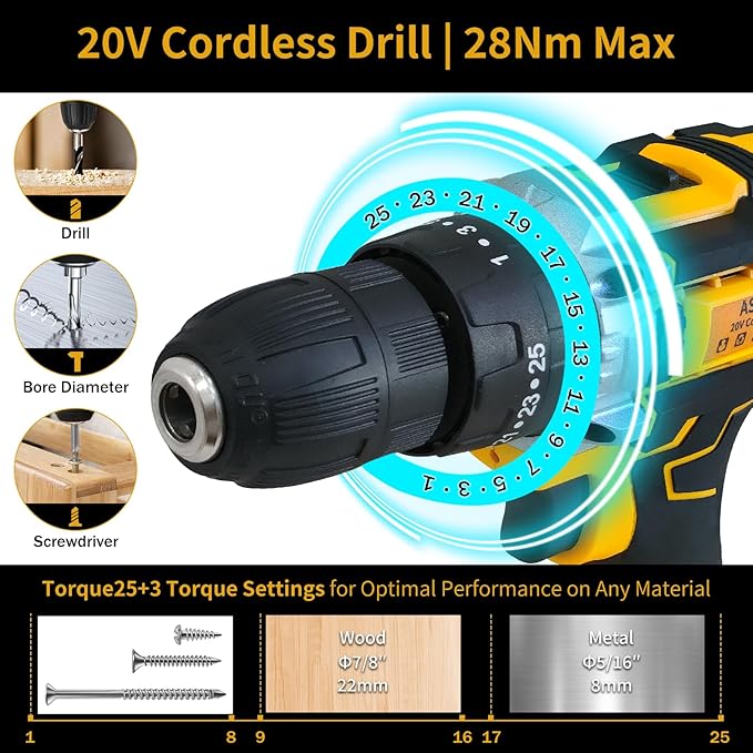 Cordless Drill with Battery and Charger, Power Drill Cordless, Electric drill Set with 3/8 Keyless Chuck, 25+3 Torque Settings for Screwdriving, Drilling (2 Batteries)