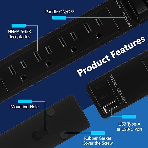LIDER Outlet Extender with 4 Receptacles, USB Type-A and 2 USB Type-C, Ultra-Thin Flat-Plug with Cord Extender, 4-Outlet Power Strip, Slim Angled Design, Surge Protector, 720 Joules, 5ft Cord, Black