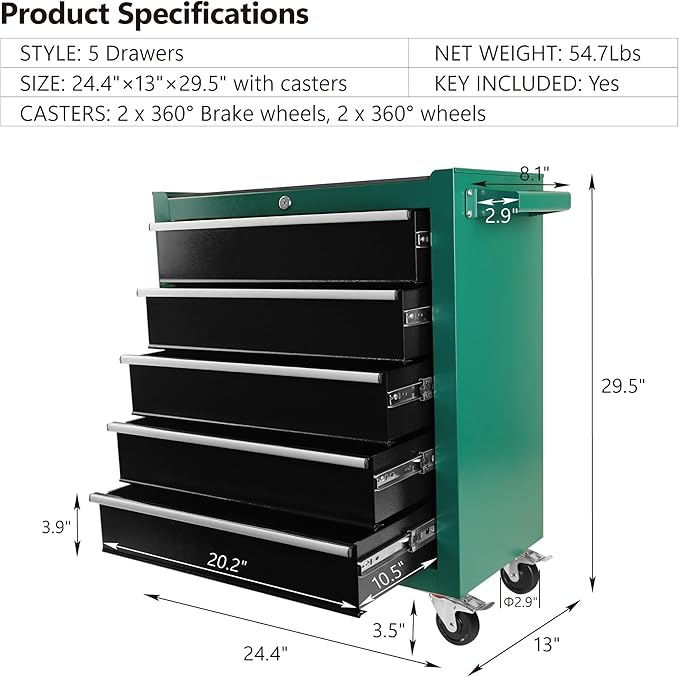 5 Drawers Rolling Tool Chest Tool Cabinet on Wheels with Keyed Locking System and Drawer Liners Tool Chest with Link Buckle and can be Combined to Large Cabinet Set for Warehouse & Garage,Green