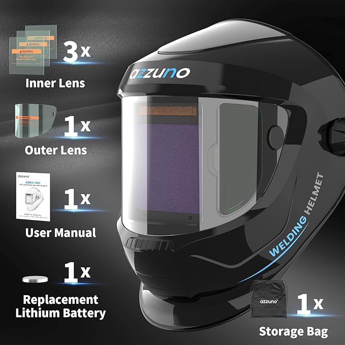AZZUNO Auto Darkening Welding Helmet, Large Viewing 3.94"×3.82" with Side View 1.97"× 3.82", Solar Powered Welding Hood Mask with Wide Shade 4/5-8/9-13 for TIG/MIG/Stick Weld/Cut/Grind