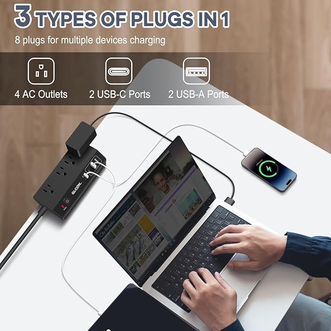 Desk Clamp Power Strip - 20W USB C Fast Charging Station - Desk Power Strip Flat Plug Extension Cord 10FT with 4 USB Ports + 4 Outlets - Desktop Mount Surge Protector - Fit 1.8" Tabletop Edge