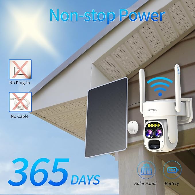 Cameras for Home Security Wireless Outdoor Solar,Alexa Security Camera Outside,360 PTZ Outside WiFi Camera Dual Lens 10x Zoom,Night Vision,2K,Water Proof, No Month Fee