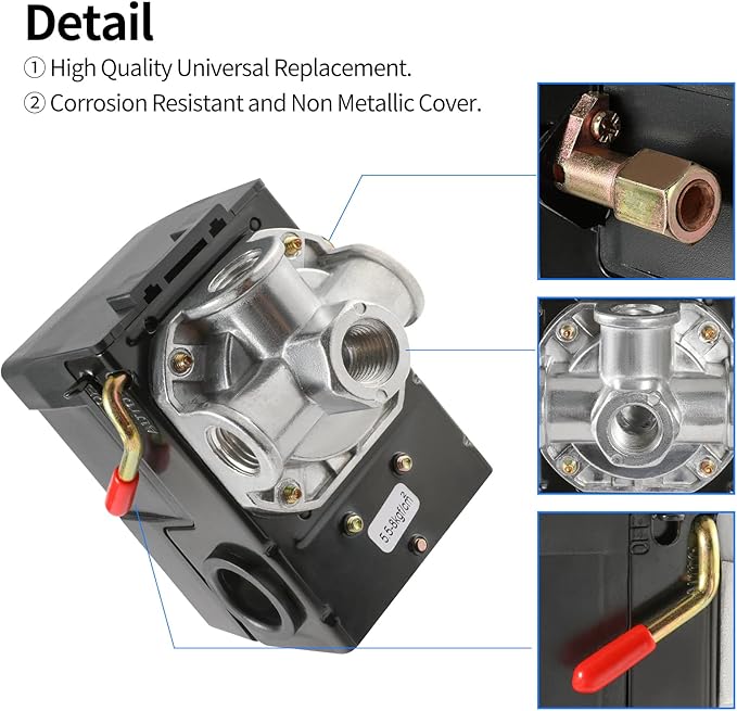 Air Compressor Pressure Switch Replacement LF10-4H with 95-125 PSI Range and 20A Rating, 4-Port
