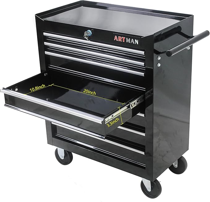 Rolling Tool Chest Metal Tool Box with Wheels Tool Cabinet Craftsman Tool Cart on Wheels Tool Box Portable Tool Box with Wheels 7 Drawers Multifunctional Tool Cart with Wheels, Black