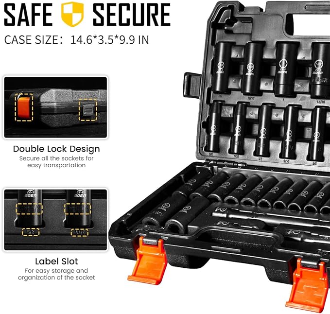 BOEN 35PCS 1/2” Drive Impact Socket Set, Deep SAE(3/8"-1-1/4") & Metric(8-24mm) Socket with Extension Bars, 6 Point Cr-V Steel for Auto Repair, Double Lock Case