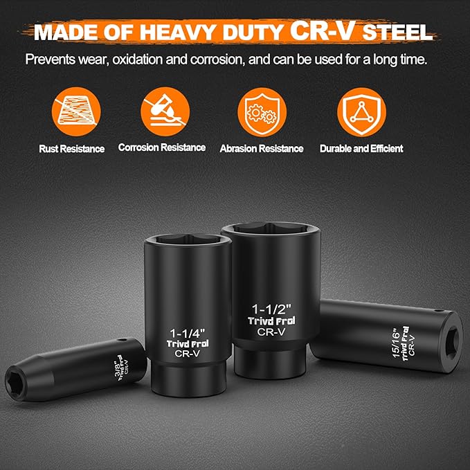 SAE Impact Socket Set 1/2" Drive - Trivd Frol 19 Piece Deep Socket Set 1/2" Impact Socket Set, SAE Socket Set 3/8" to 1-1/2" Large Socket Set, Impact Driver Socket Set, Cr-V Steel, Double Lock Case