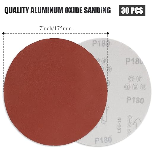 Biaungdo 30 Pcs 7-Inch Sandpapers Sand Discs Hook and Loop Grinding Polishing for Random Orbit Sander,180 Grit