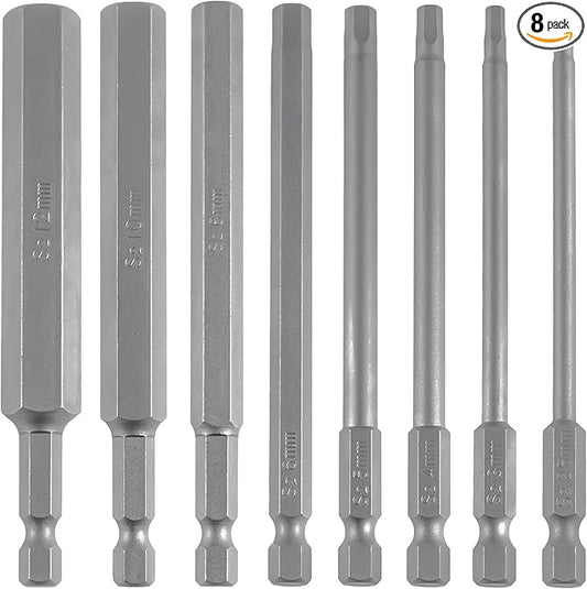 Hex Head Allen Wrench Metric Long Screwdriver Bit Set 8PCS 1/4 Inch Hex Shank 4 Inch/100 mm Length S2 Steel with Magnetic for Power Screwdriver Drill Impact Driver