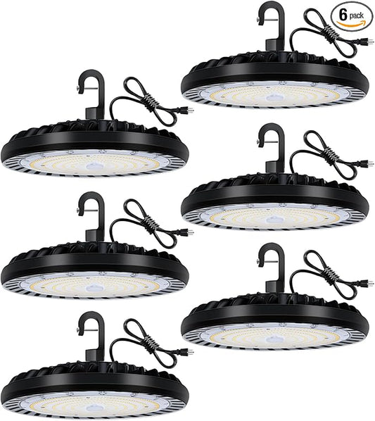 hykolity 6 Pack LED High Bay Light 150W, 5000K UFO LED High Bay Light Fixture with US Plug [450W MH/HPS Equiv.] 100-277V, 19,500lm, IP65 Commercial Warehouse Area Light for Wet Location
