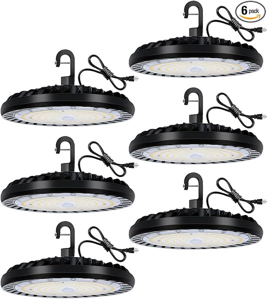 hykolity 6 Pack LED High Bay Light 200W, 5000K UFO LED High Bay Light Fixture with US Plug [600W MH/HPS Equiv.] 100-277V, 26,000lm,IP65 Commercial Warehouse Area Light for Wet Location