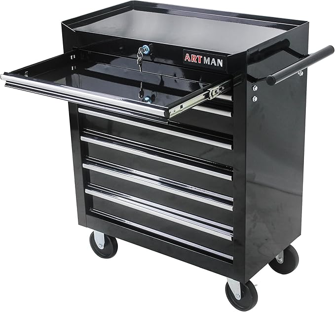 Rolling Tool Chest Metal Tool Box with Wheels Tool Cabinet Craftsman Tool Cart on Wheels Tool Box Portable Tool Box with Wheels 7 Drawers Multifunctional Tool Cart with Wheels, Black