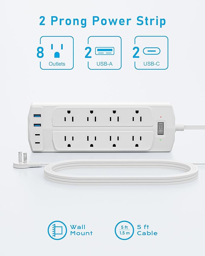 2 Prong Power Strip, Yozisital 2 Prong to 3 Prong Outlet Adapter, 5 FT Flat Plug Extension Cord with 8 Outlets 4 USB Ports(2 USB C), 2000J Two Prong Surge Protector, Wall Mountable, White