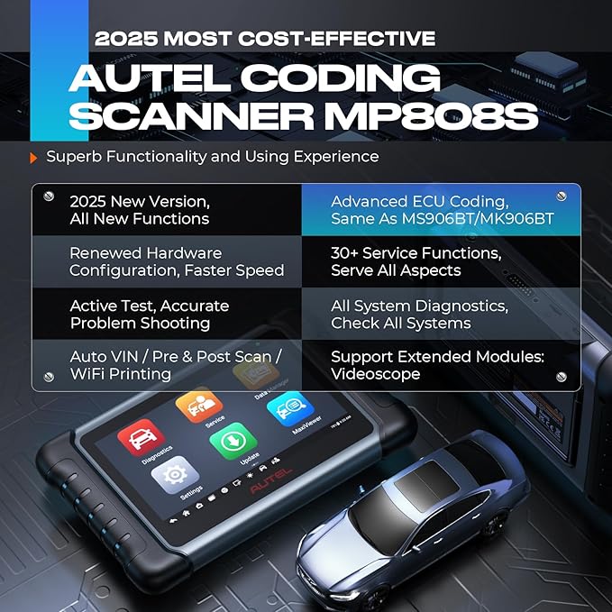 Autel MaxiPRO MP808S Scanner, 2025 Bidirectional Scan Tool, 2-Year Update, Advanced ECU Coding as MP900BT / MS906 PRO, 30+ Service, All System Diagnostic, Upgraded of MX900 MK900BT MK808S MP808BT PRO