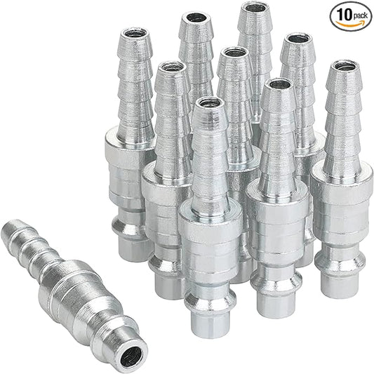 1/4 Air Plug with Hose Barb, Industrial M-Type Fittings, 1/4 Inch Flow Size. 1/4 Inch Hose Barb, Steel Material, 300PSI, 10 Pieces Air Compressor Hose Fittings