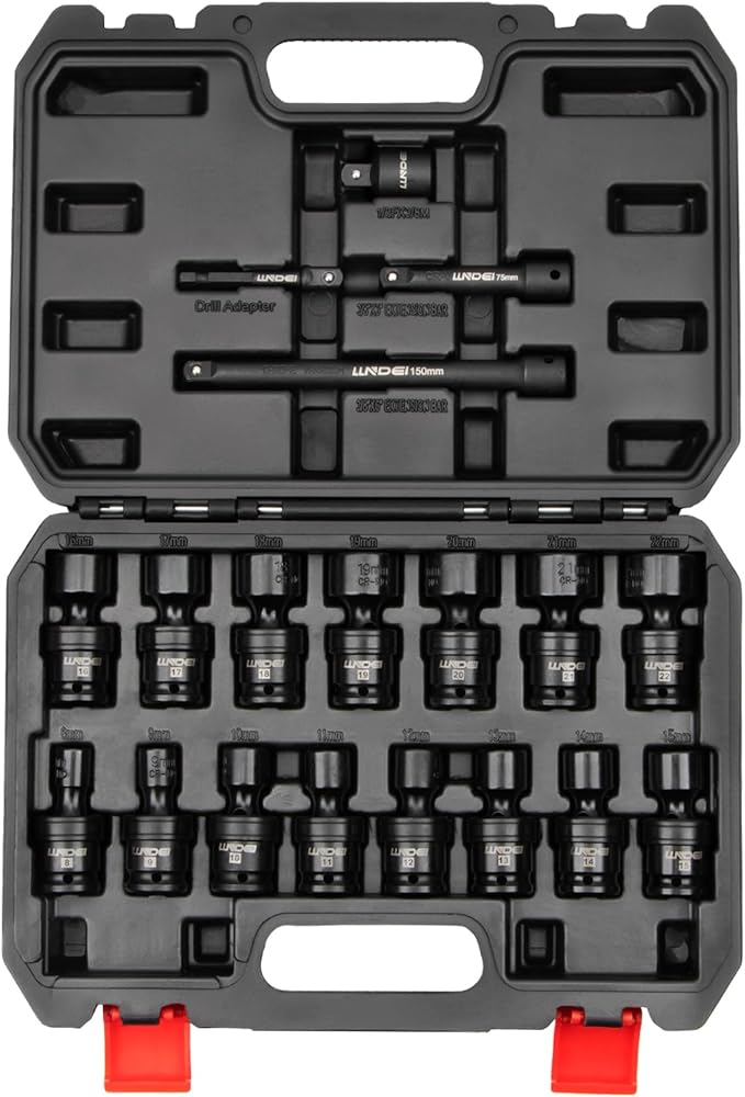 LLNDEI 3/8" Drive Universal Impact Socket Set, 19 Pieces CR-MO Swivel Socket Set, Metric(8-22mm) Wobble Sockets 6 Point with Extension Bars, Adapter and Black Organizer