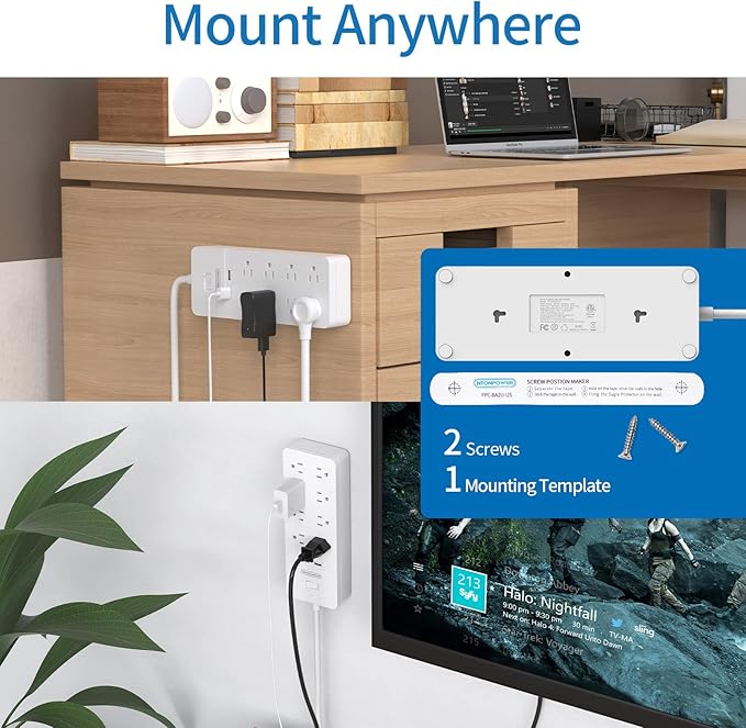 25 ft Extension Cord Flat Plug, NTONPOWER 8 Outlet Surge Protector Power Strip with USB Ports, 1080 Joules, 15A Circuit Breaker, Wall Mount for Home Office Workshop or Garage, ETL Listed, White