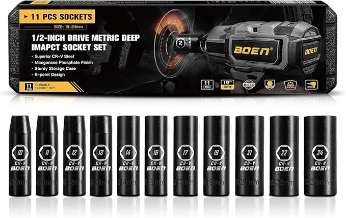 BOEN 1/2" Drive Deep Impact Socket Set, 11 Pieces Socket Set Metric 10-24mm, 6 Point Design, Cr-V Steel, Laser Marking, Durable Storage Case, Meets ANSI Standards