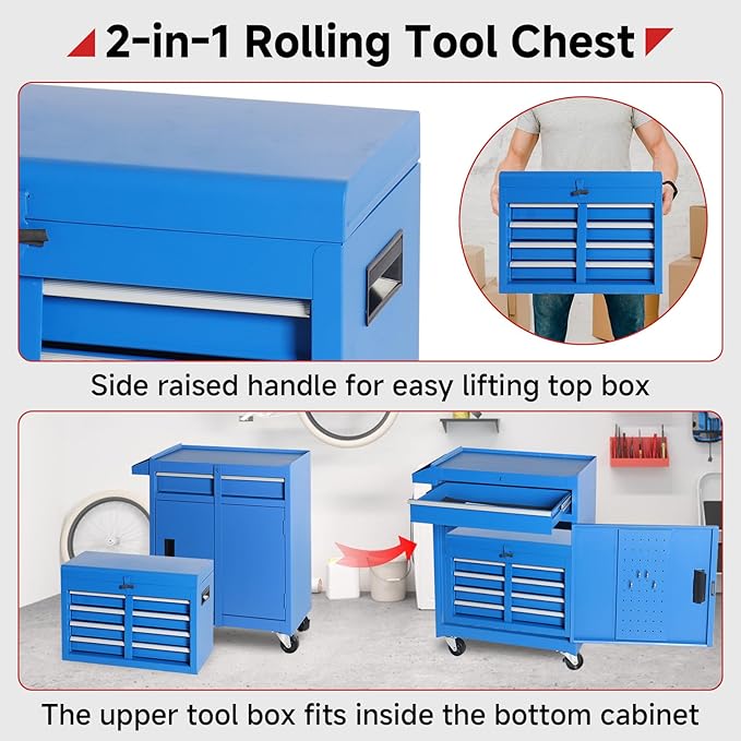 Rovibek Rolling Tool Chest, 5-Drawer Rolling Tool Box on Wheels, Metal Tool Chest with Foam Packaging, Lockable Wheels, Detachable Top Tool Box, Tool Storage Box for Garage Workshop Warehouse, Blue
