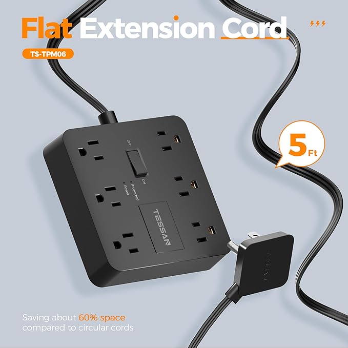 Black Surge Protector Power Strip, TESSAN Flat Plug Extension Cord 5 FT with Multiple Outlets, 1700J Surge Protection with 6 AC, Charging Station for Home Office Supplies Dorm Room Essentials