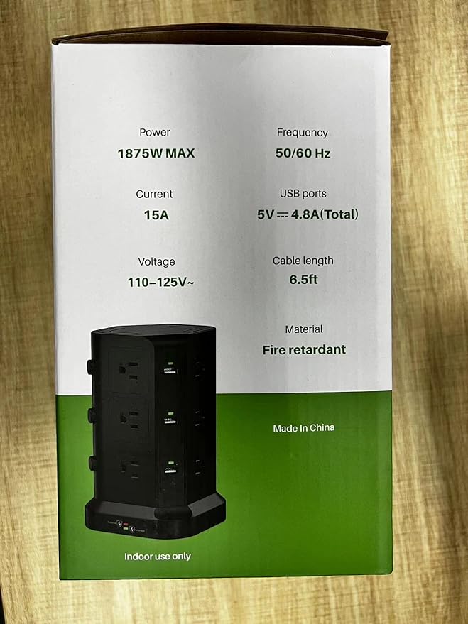 Power Strip Tower by KOOSLA, [15A 1500J] Surge Protector - 12 AC Multiple Outlets & 6 USB Ports, Flat Plug 14 AWG Heavy-Duty Extension Cord 6.5ft, Home Office Supplies, Dorm Room Essentials Black