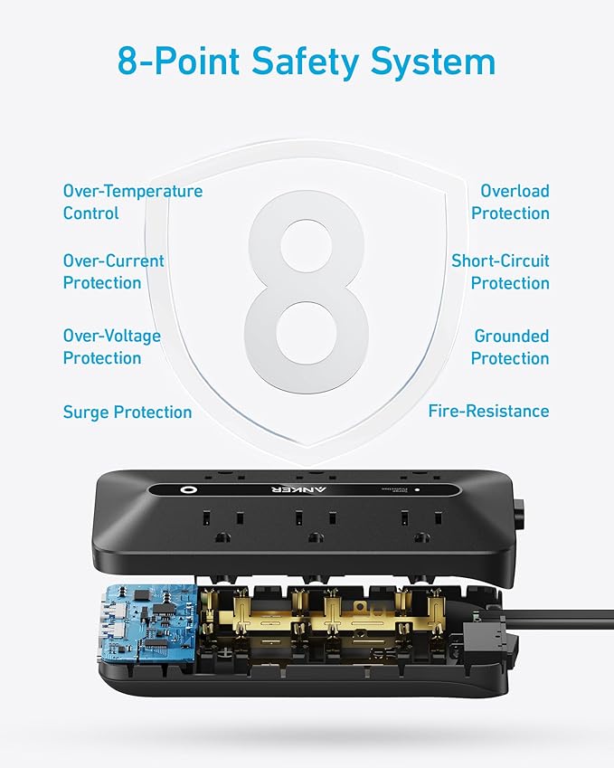 Anker Flat Plug Power Strip 300J, USB C Power Strip, 10-in-1 Ultra Thin Power Strip with 6 AC, 2 USB A and 2 USB C Ports,5feet Extension Cord, Desk Charging Station,Home Office College Dorm - Black