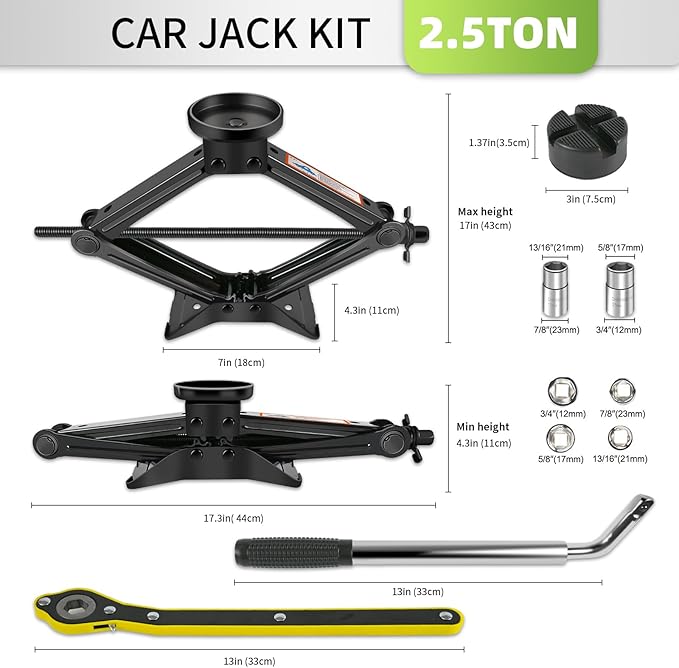 Car Jack Kit 2.5 Ton (5512 lbs) Scissor Jack for Car with Rubber Jack Pad Universal Jack Emergency Kit Tire Changing Kit for Car SUV MPV