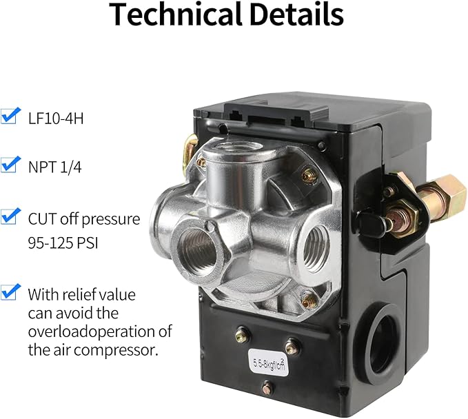 Air Compressor Pressure Switch Replacement LF10-4H with 95-125 PSI Range and 20A Rating, 4-Port
