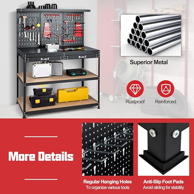 IRONMAX Workbench with Drawers, 48’’ Heavy Duty Workstation Organizer with 25 PCS Hanging Kits, 2 Storage Shelves & 2 Drawers, Work Bench Table for Garage, Home, Workshop, Auto Shop, Basement
