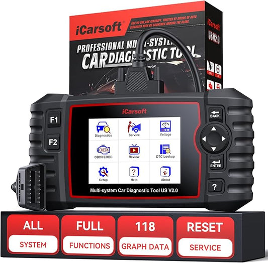 Full System Diagnostic Scan Tool for GM Ford Chrysler Jeep Scanner, iCarsoft US V2.0 in-Depth Diagnose OBD2 Code Reader, Full Reset, Battery Test for Buick/Chevrolet/Cadillac/GMC -2025