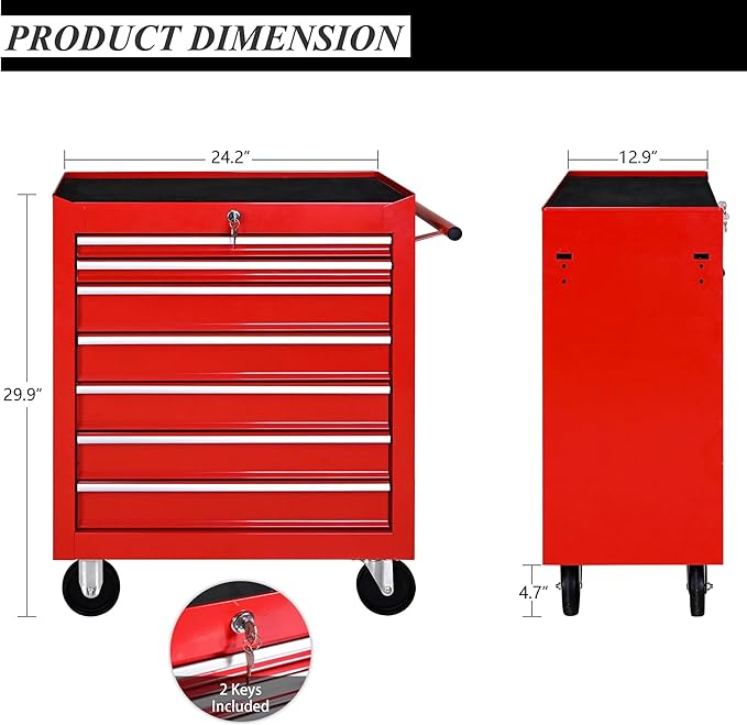 7 Drawer Metal Tool Chest 30 inch,Tool Cart On Wheels with Wheels,Mechanic Tool Cart with Lock and Toolboxes Trays for Garage Tool Storage Cabinet (Red)