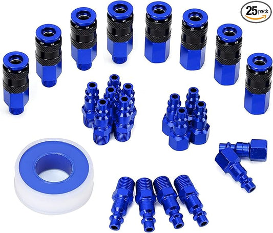 25 Pieces 1/4" NPT Aluminum Air Coupler and Plug Kit, Quick Connect Air Fittings, Industrial Quick Connector Set (Blue)